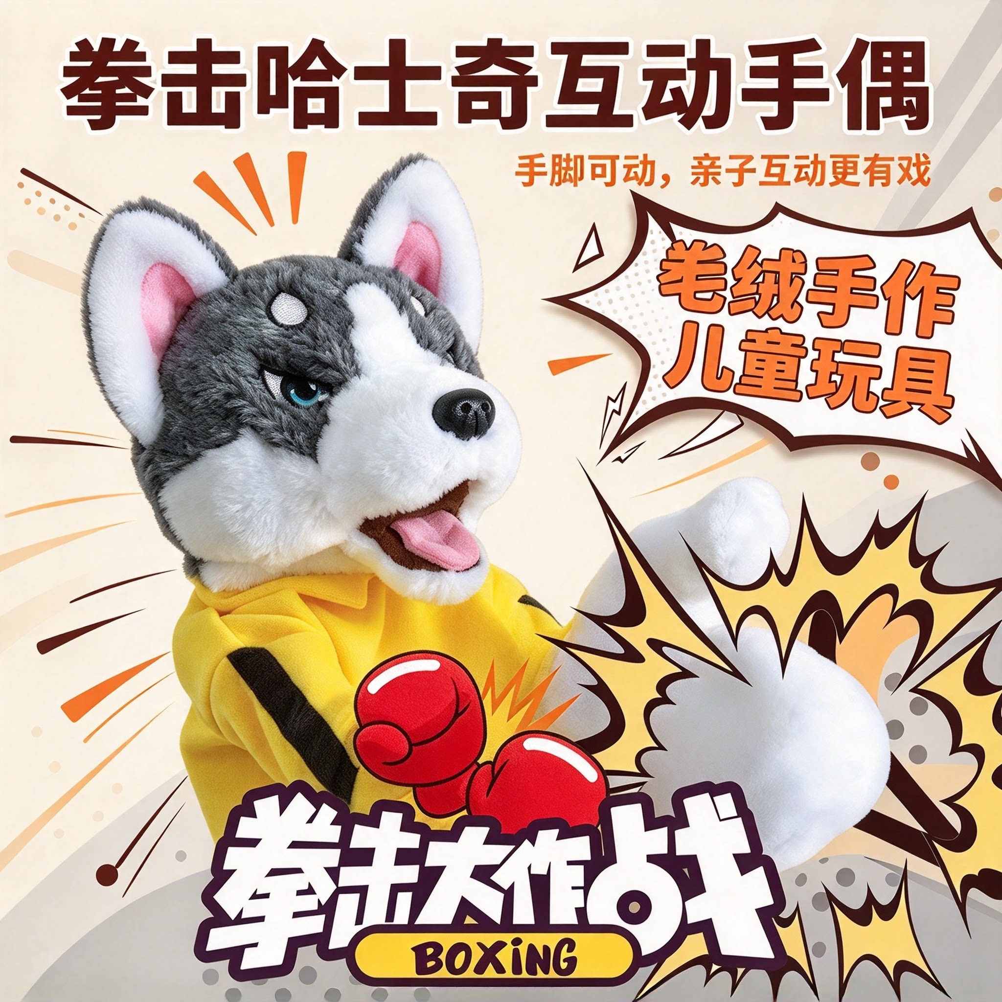 哈士奇毛绒拳击狗互动手偶表演布偶可发声手指玩偶汽车内饰摆件YL