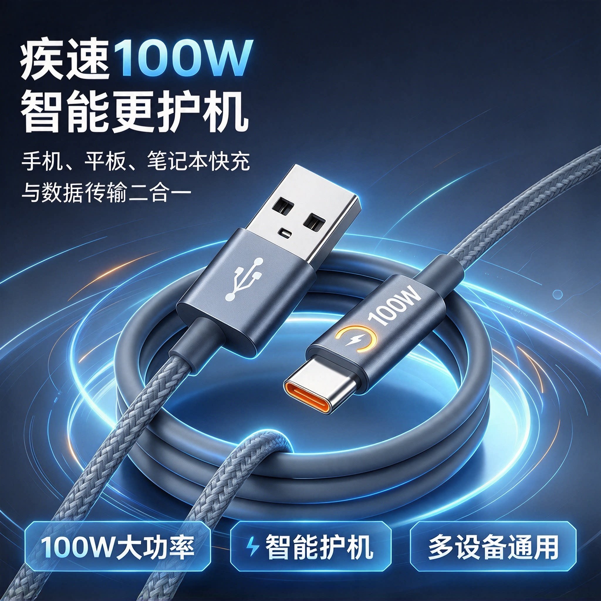 智能自动断电快速快充数据线适用华为安卓苹果通用手机快充线YL