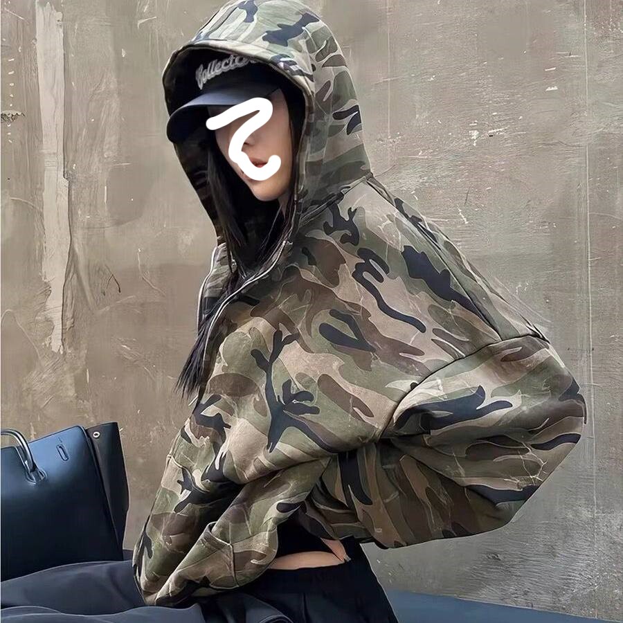 美式高街迷彩连帽拉链卫衣