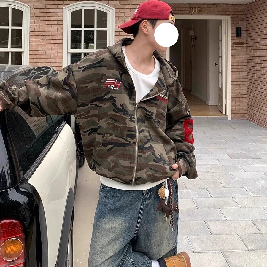 美式复古迷彩连帽卫衣男上衣秋冬