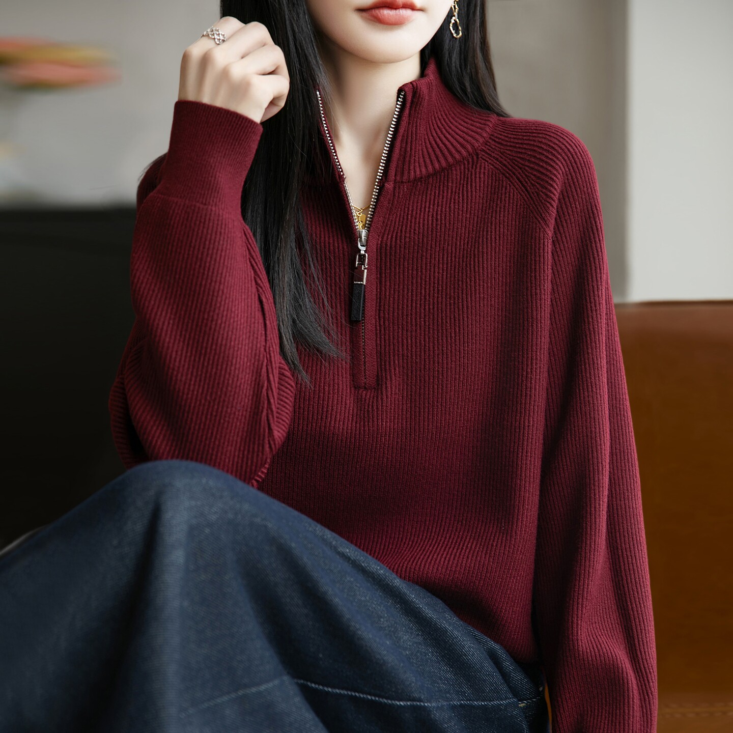 2026新款半高领拉链条纹针织打底衫女洋气大码女装上衣秋冬毛衣