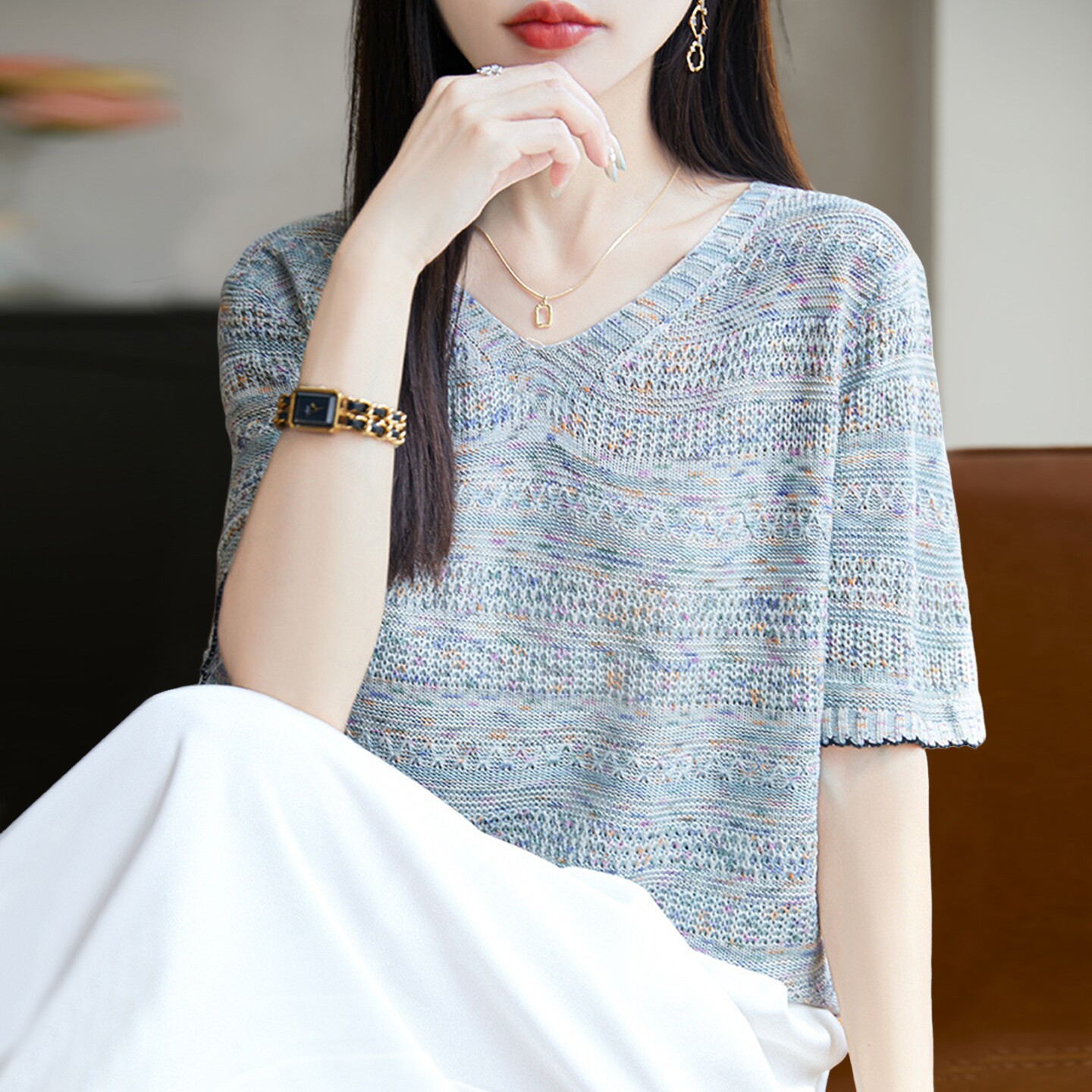 2026新款彩砂显瘦针织短袖t恤女夏季薄款冰丝针织衫大码女装上衣