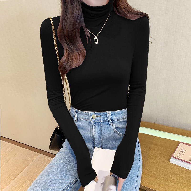 莫代尔高领打底衫女内搭秋冬长袖黑色加绒德绒堆堆领洋气百搭上衣