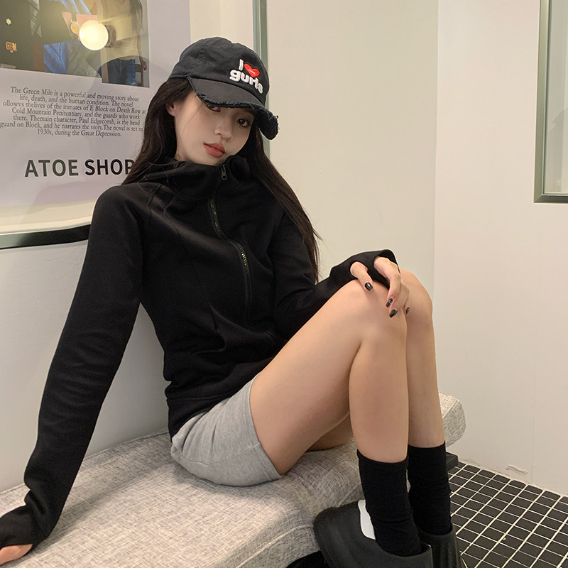黑色修身卫衣外套女款收腰鱼骨瑜伽服巨好看上衣紧身早秋秋季穿搭