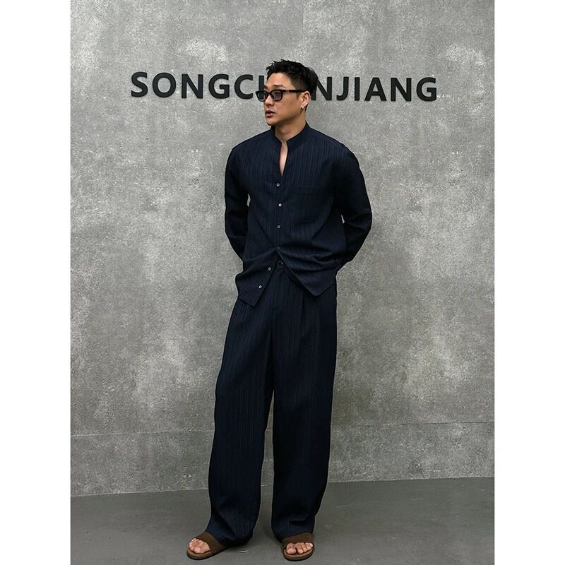 SONGCRAFT 质感暗条纹长袖立领衬衫松弛垂感老钱西装休闲百搭长裤