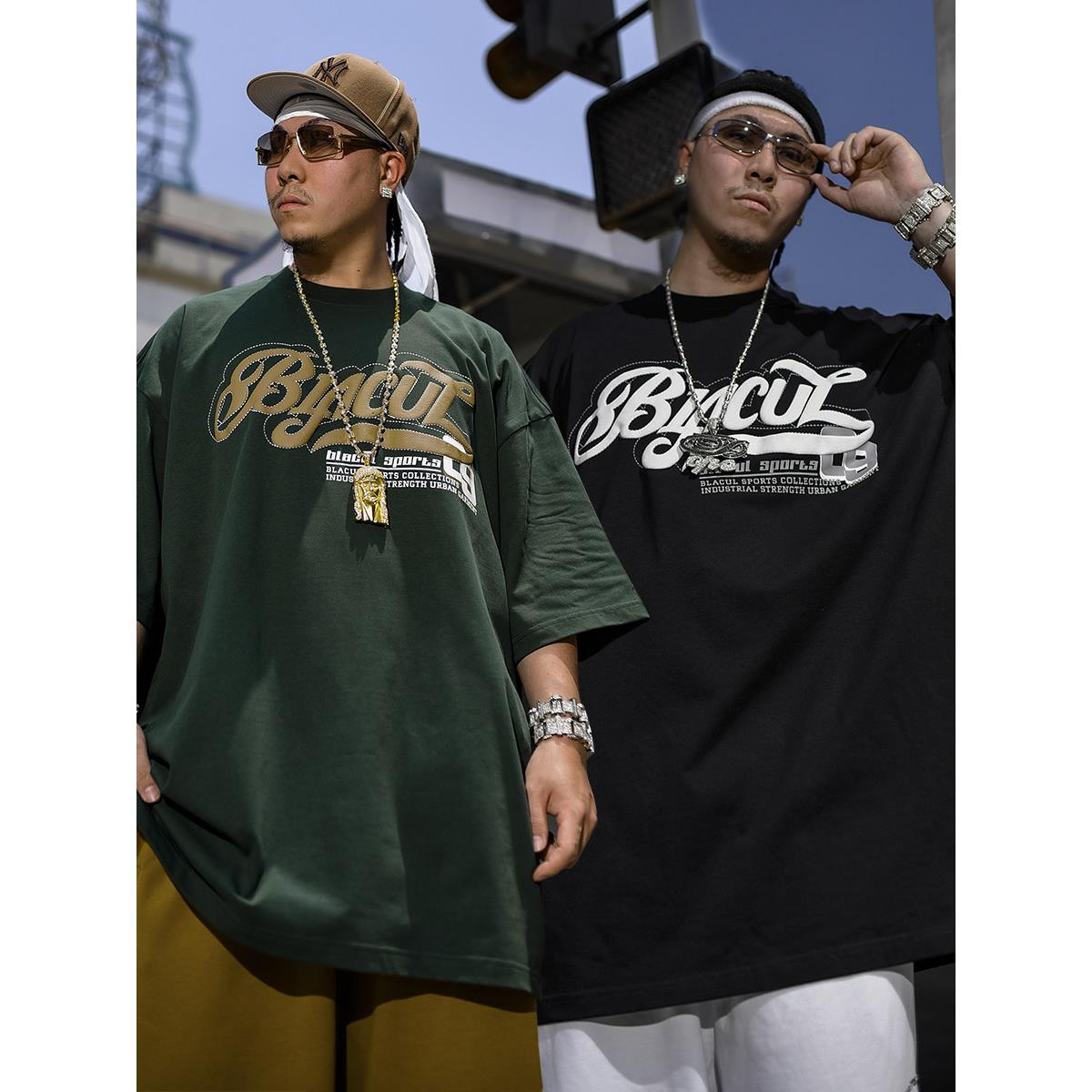 BLACUL 棒球字母数字印花短袖T恤男美式街头HipHop嘻哈宽松半袖夏