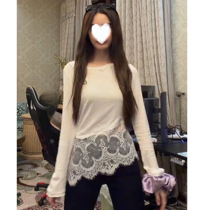 徐艺洋同款 现货重工蕾丝花边莱赛尔柔软舒适T恤秋季新款女长袖