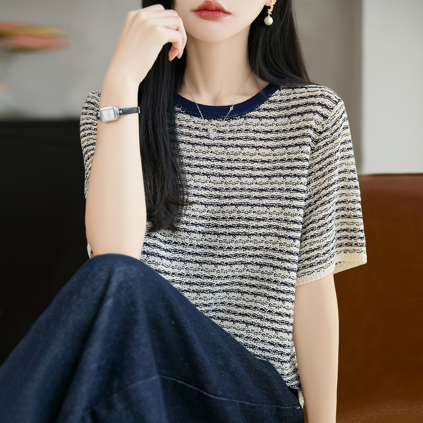 莱赛尔天丝亚麻棉麻小香风高端 翻领条纹针织衫短袖T恤上衣女夏