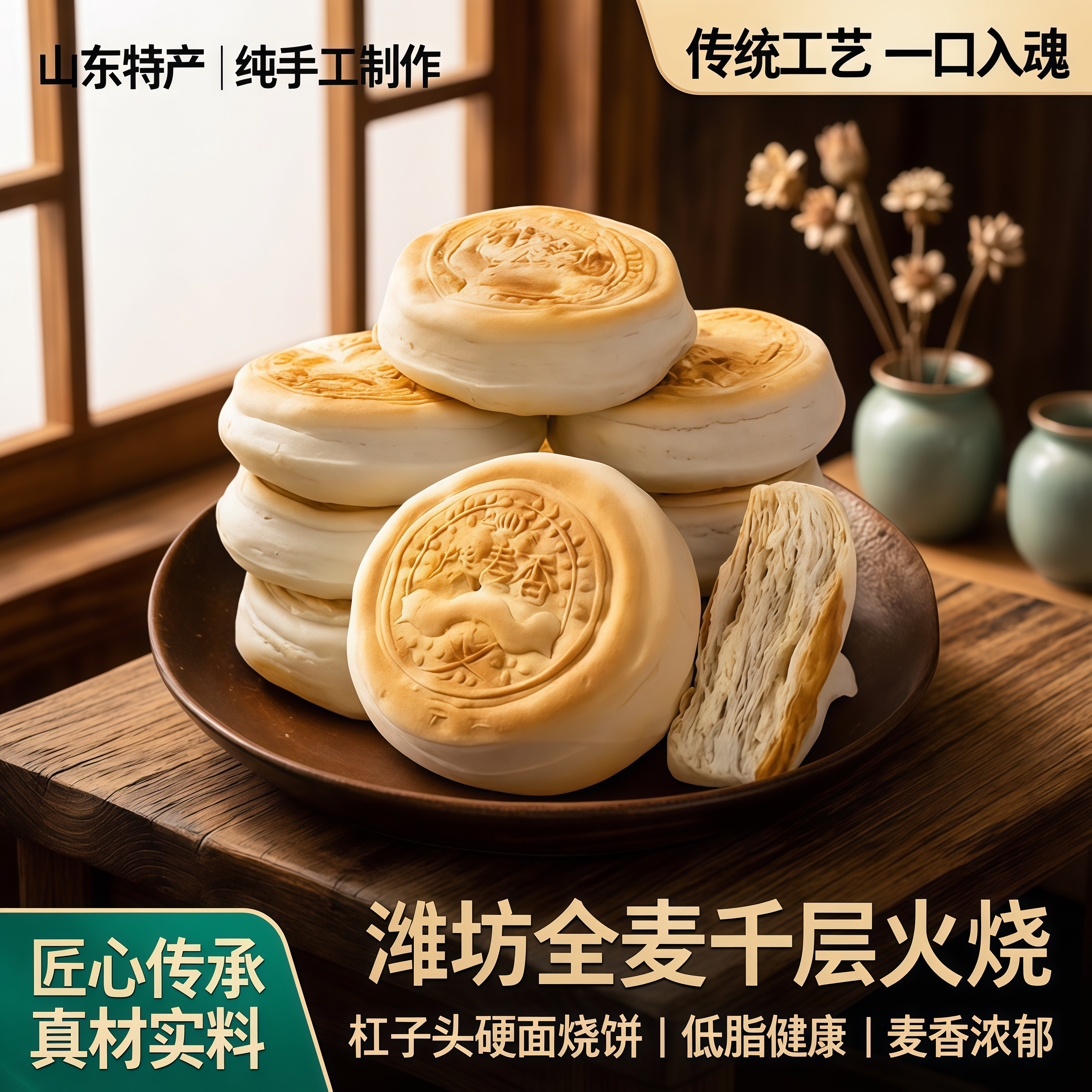 山东特产潍坊全麦千层火烧纯手工杠子头低脂面食硬面麦香烧饼馒头
