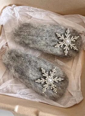 灰色毛绒绒雪花发夹刘海夹侧边夹甜美秋冬氛围感小雪掰掰夹bb夹子
