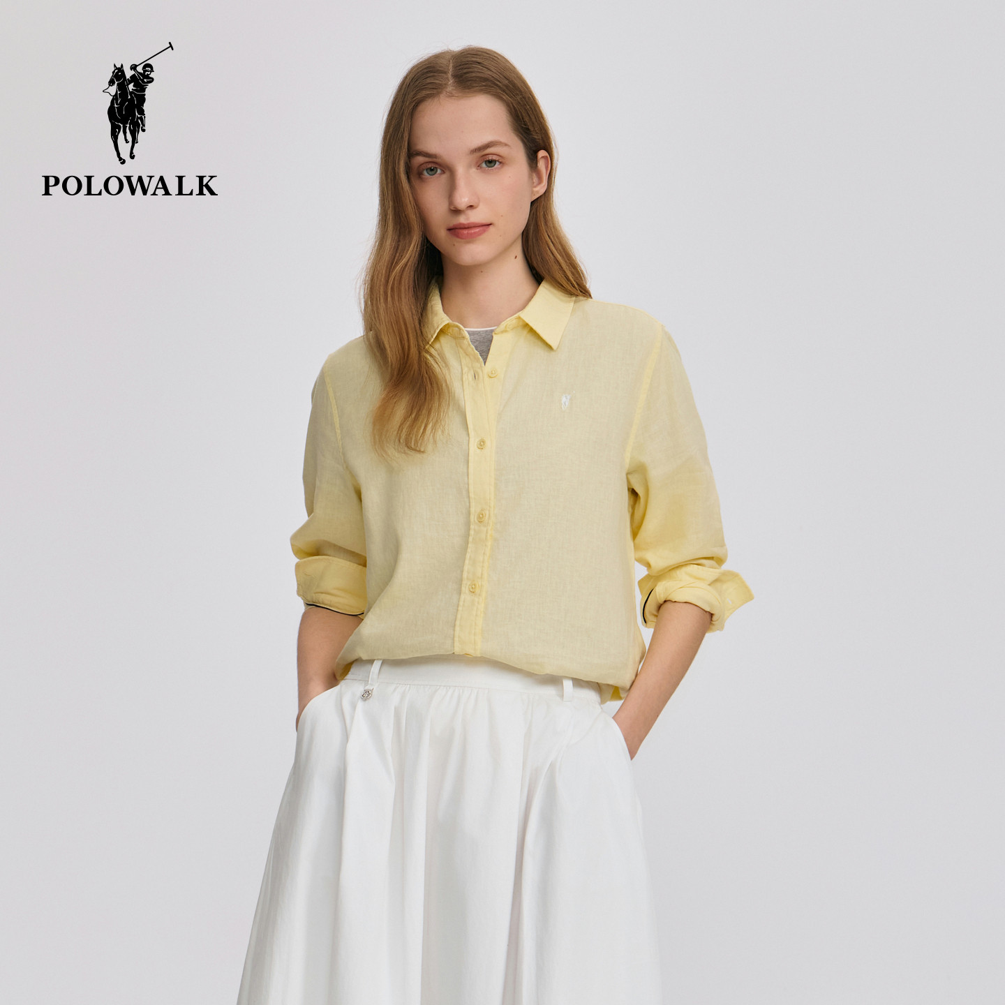 POLOWALK女式衬衫秋季通勤休闲简约女款纯色亚麻混纺翻领长袖衬衫