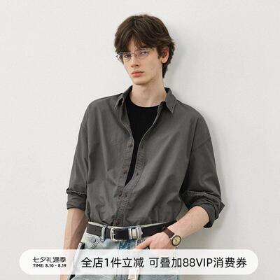 714street秋季复古水洗做旧长袖衬衫男2025新款宽松落肩衬衣外套