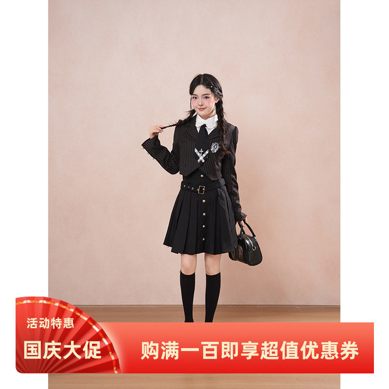 黑色序章 新款甜酷古早少女暗黑设计领带拼接哥特风裙子套装