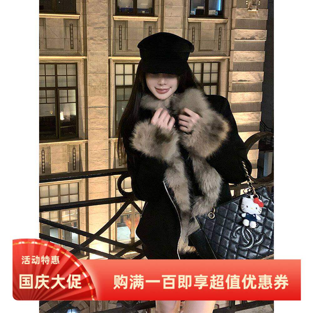 蒂小个子优质安娜小姐黑色皮毛一体机车服外套女冬季新款减龄外套