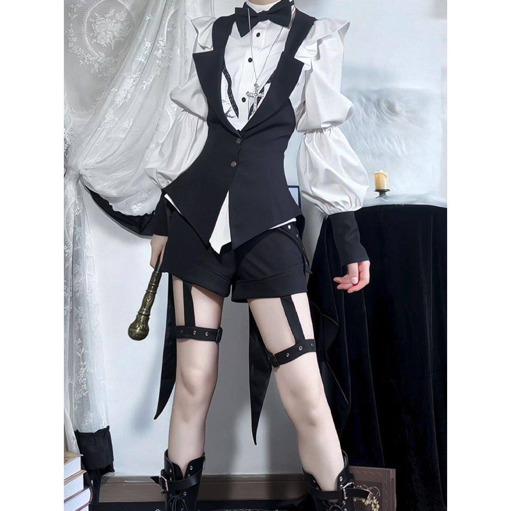 十字夜宴 王子系哥特Lolita设计感燕尾马甲长袖衬衫辣妹短裤套装