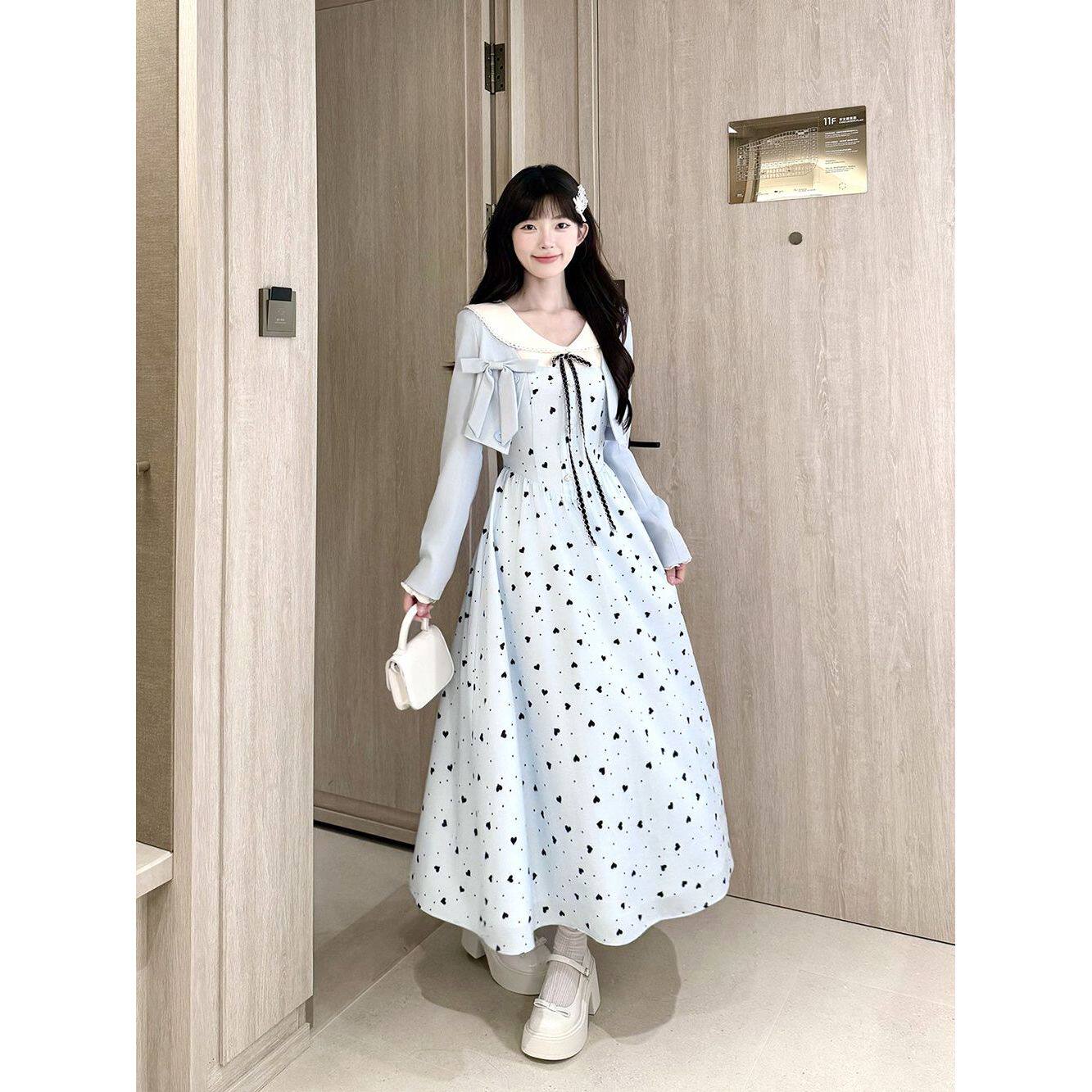 海盐蓝莓少女千金风娃娃领爱心波点连衣裙外搭甜美可爱两件套套装