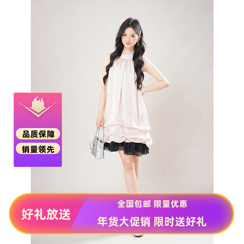 古早千金系带挂脖连衣裙夏季新款