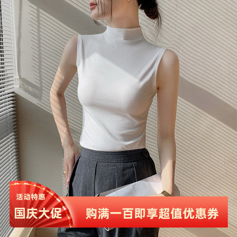 自拍-白色半高领背心女保暖内搭新款秋冬无袖外穿打底衫上衣