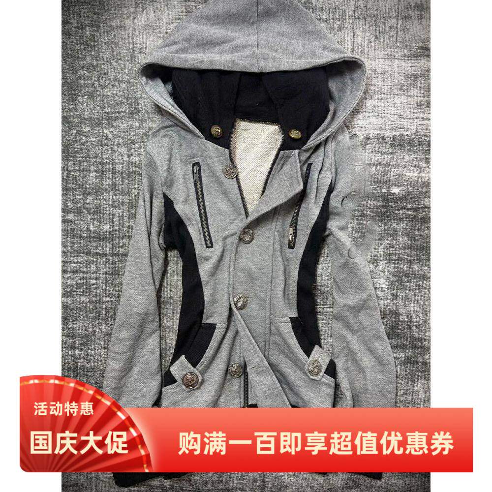 古着小众vintage复古纽扣拉链设计连帽开衫新款个性卫衣外套
