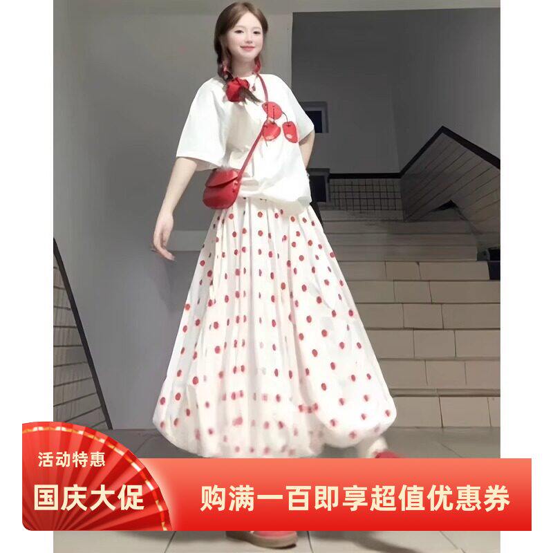日系红色波点花苞裙女夏季新款宽松遮跨显瘦a字裙温柔风蓬蓬裙子