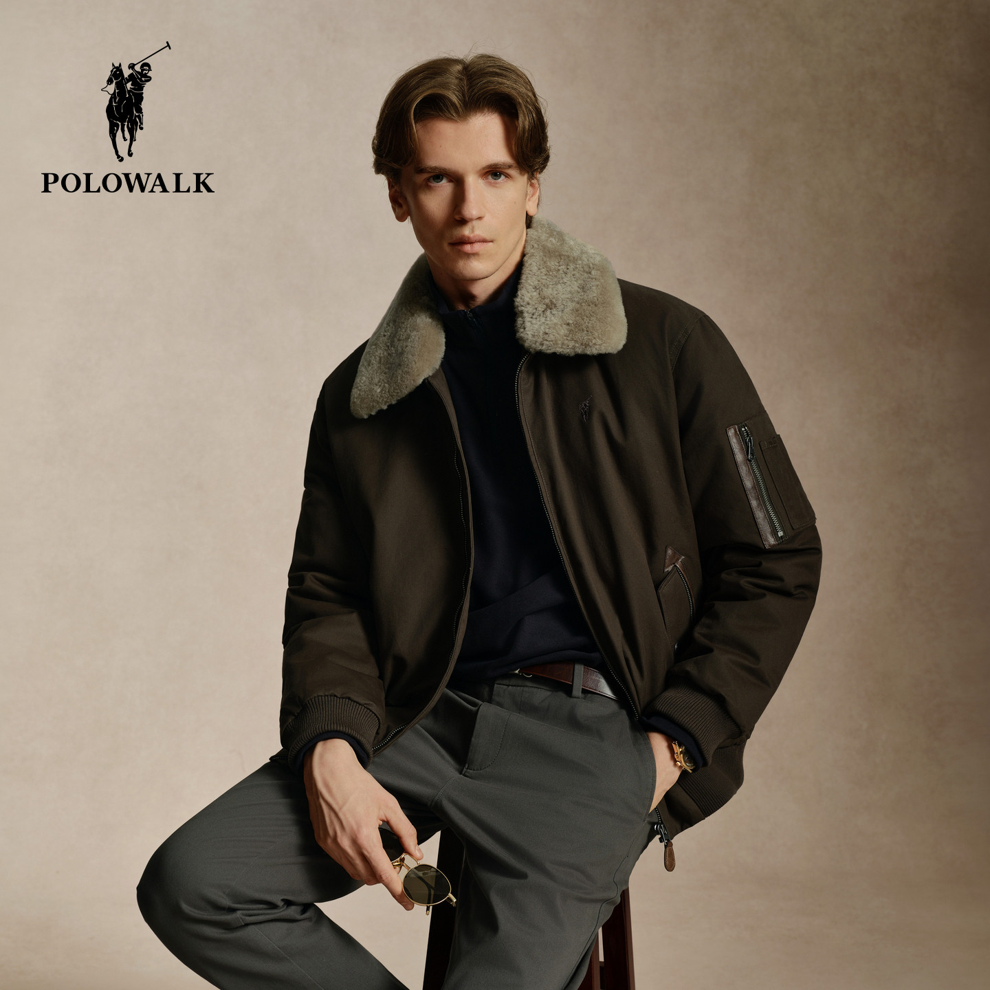 【90鸭绒】POLOWALK男式羽绒服2026冬季仿羊羔绒翻领美式夹克外套