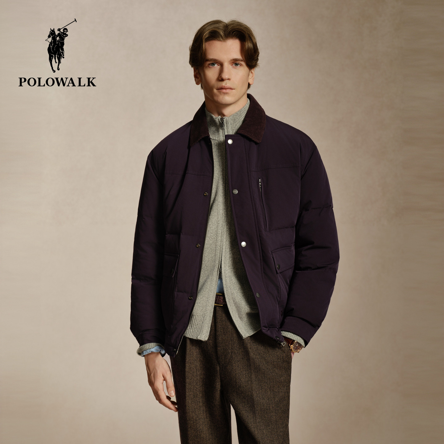 【90鸭绒】POLOWALK男式羽绒服2026冬季复古撞色灯芯绒翻领短外套
