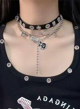 暗黑复古choker 嘻哈亚比风文化吉他流苏叠戴皮质项圈Y2K项链配饰