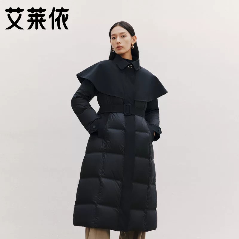 艾莱依羽绒服长款90鹅绒服女气质风衣斗篷披肩收腰显瘦加厚外套图片