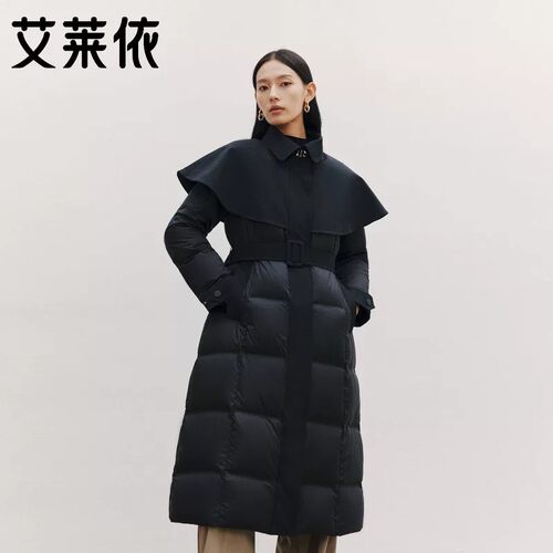 艾莱依羽绒服长款90鹅绒服女气质风衣斗篷披肩收腰显瘦加厚外套