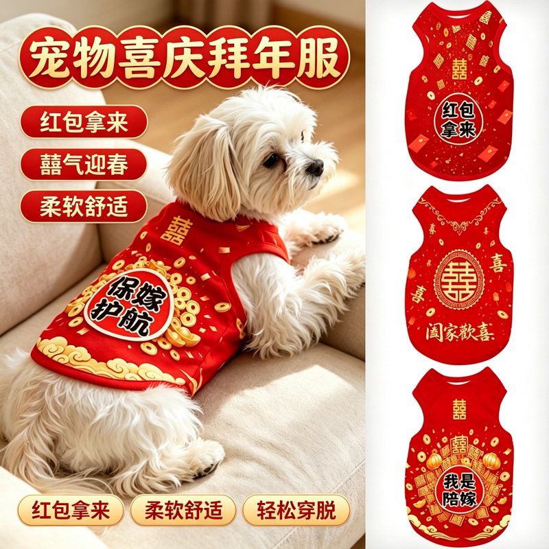 结婚喜字红宠物背心透气防掉毛