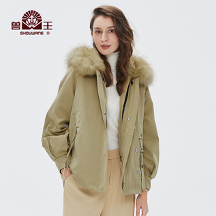 兽王秋冬新款 女士派克服 皮草兔毛皮可拆内胆大衣貉子毛领短款