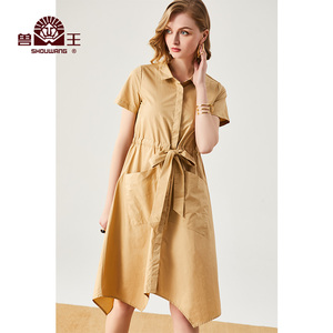 兽王夏季新款性感气质V领连衣裙翻领系带收腰纯棉工装长裙子