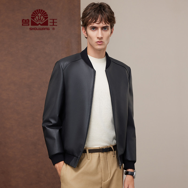 兽王海宁冬季新款修身皮衣男棒球领夹克加厚头层牛皮休闲外套