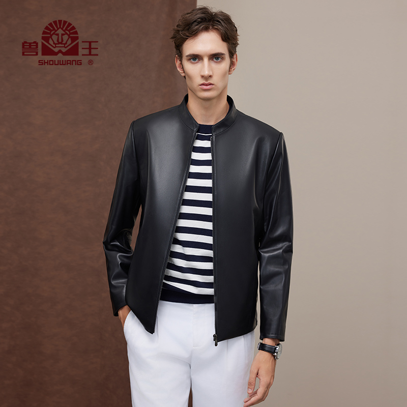 兽王单皮皮衣男秋季新款立领绵羊皮真皮皮衣休闲机车外套夹克