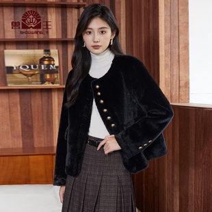 兽王金貂绒外套女秋季新款小香风环保毛皮草上衣圆领气质外套