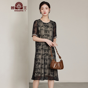兽王桑蚕丝真丝连衣裙女新款印花夏季收腰高端气质大牌长裙子