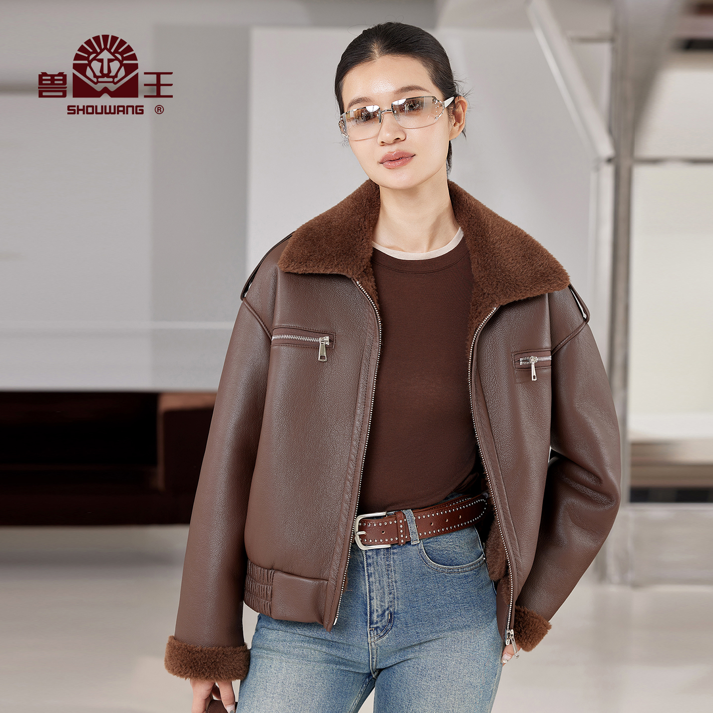 2025新款翻领机车风皮草短款外套