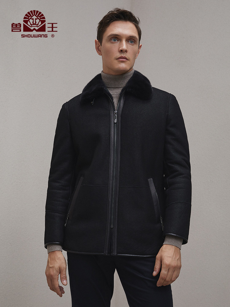 兽王羊剪绒毛领海宁短款真皮皮衣