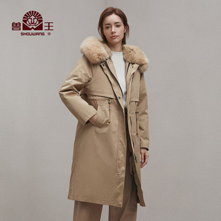 秋冬新款 兽王 女士兔毛皮内胆派克服连帽狐狸毛领保暖皮草大衣