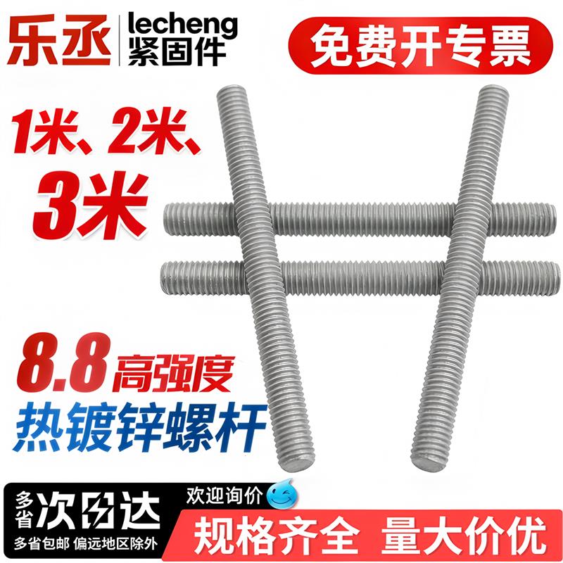 乐丞8.8级热镀锌全螺纹螺杆1米2米3米牙条丝杆通丝螺柱M10M12M8