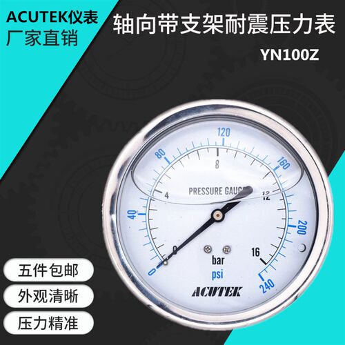 ACUTEK轴向带支架 油压 防震 抗震 耐震压力表 YN100Z 16bar G1/2