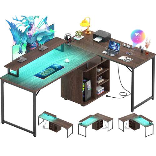 现简约带插座LED灯带公桌可变体电脑桌适用于客厅卧室家具