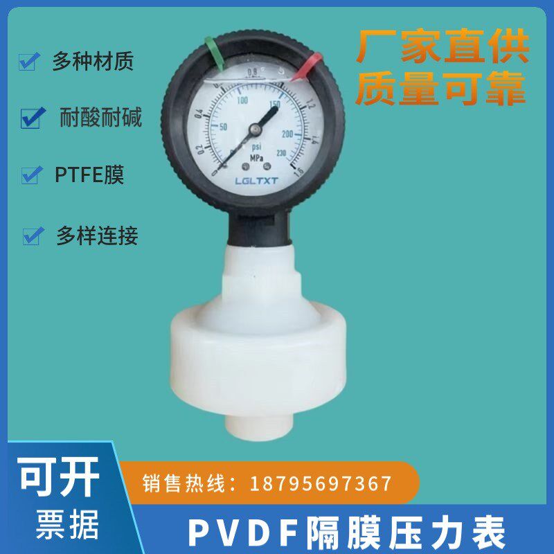 PVDF隔膜压力表耐高温耐强腐蚀耐强酸强碱水压表4分内丝连接厂家