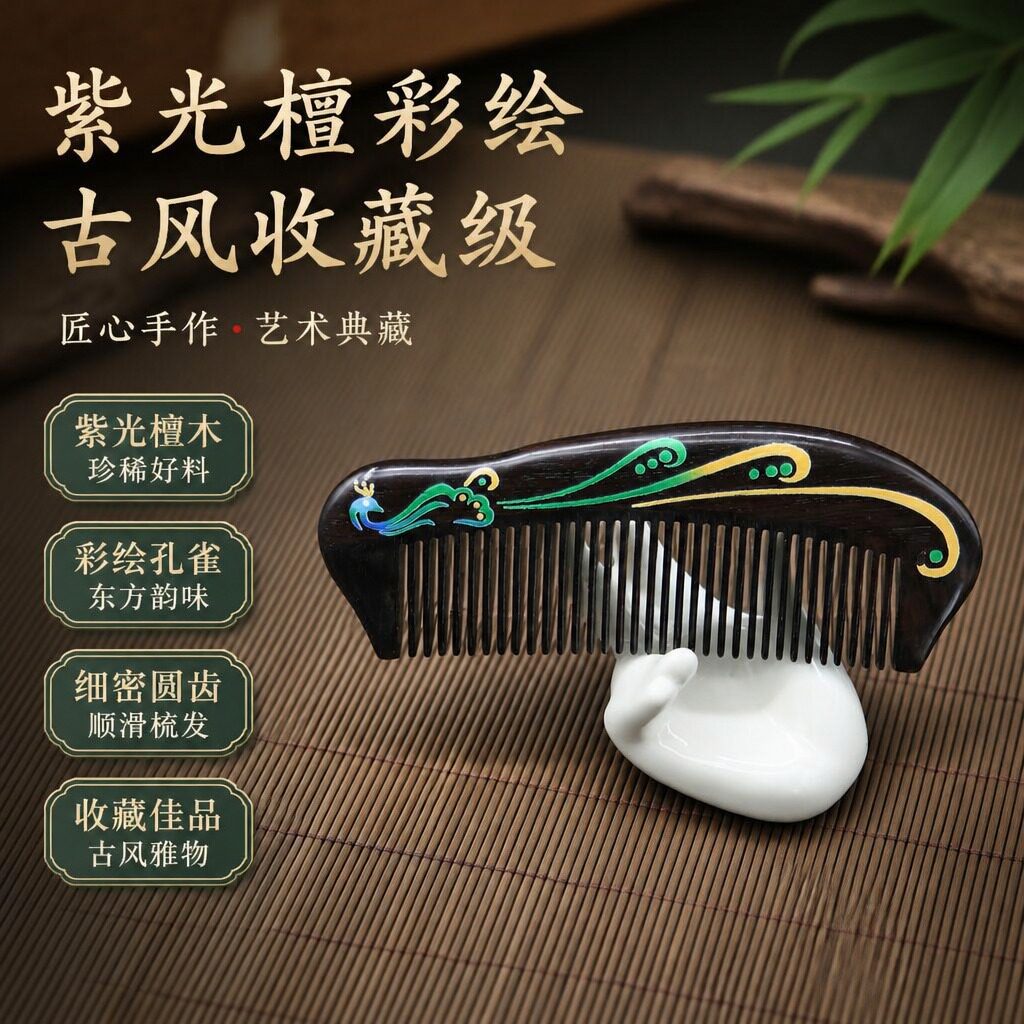 木匠紫光檀木梳子传统彩绘孔雀榫卯拼接工艺梳商务礼品梳梳篦