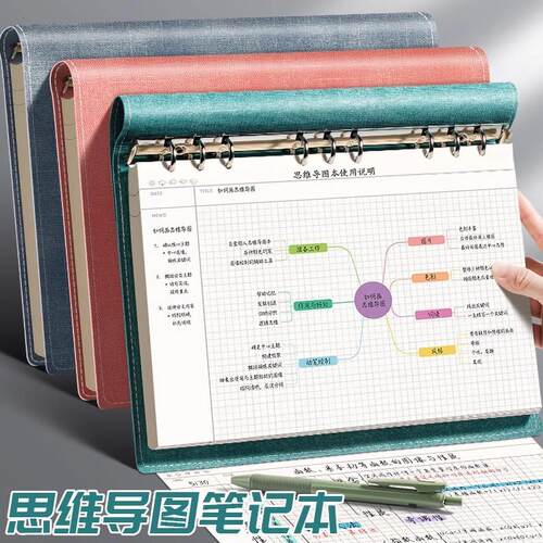 A4大号思维导图笔记本子B5活页夹软皮面网格本子高颜值考研法考