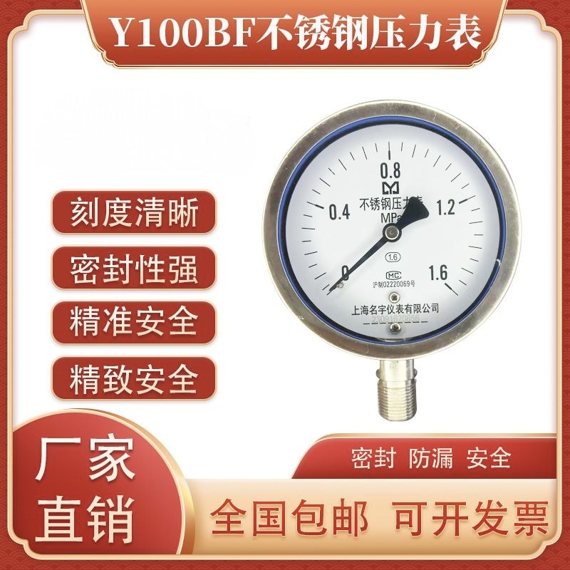 Y100BF不锈钢316L压力表防腐耐高温4分水压油压液压气压表1.6MPA
