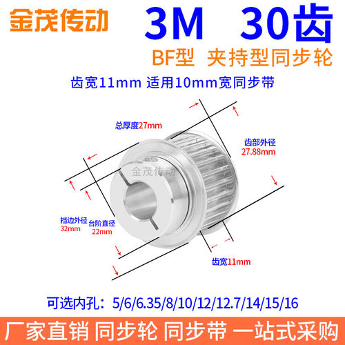 3M30齿宽11夹持型同步带轮内孔5 6.35 8 10 12 15抱紧HTCPA同步轮