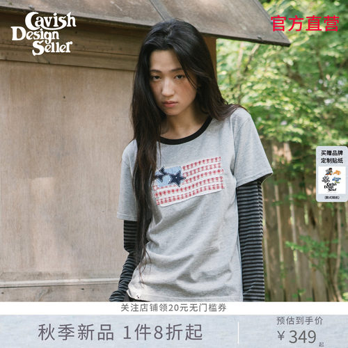 CAVISH秋新品复古印花假两件长袖女撞色罗纹边条纹袖韩系叠穿T恤