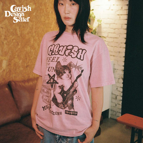 CAVISH超级旋风猫咪印花T恤情侣款美式复古水洗做旧情侣短袖上衣