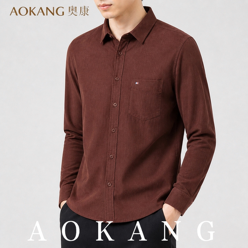 AOKANG奥康秋季男士长袖衬衫翻领宽松百搭休闲通勤复古时尚衬衣